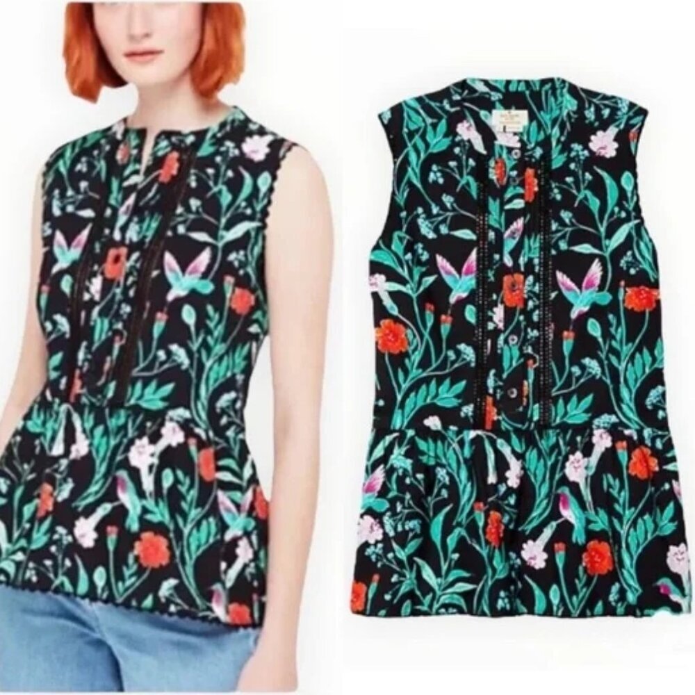 Floral Sleeveless Peplum Top - Black with Teal & Red